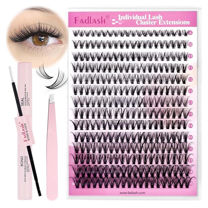 FADLASH DIY Lash Extension Kit Individual Lashes Cluster D Curl Eyelash Extension Kit with Lash Bond and Seal and Lash Applicator Tool for Self Application at Home (30D-0.07D-8-16MIX KIT)