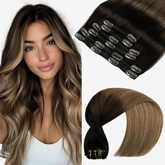 VINBAO 20 Inch Clip in Extension Real Hair Clip in Extensions Human Hair 120 Grams 6 Pieces Color 1B/4/27 Dark Roots to Blonde Balayage Clip on Extension Natural Hair (#1B/4/27,20'')