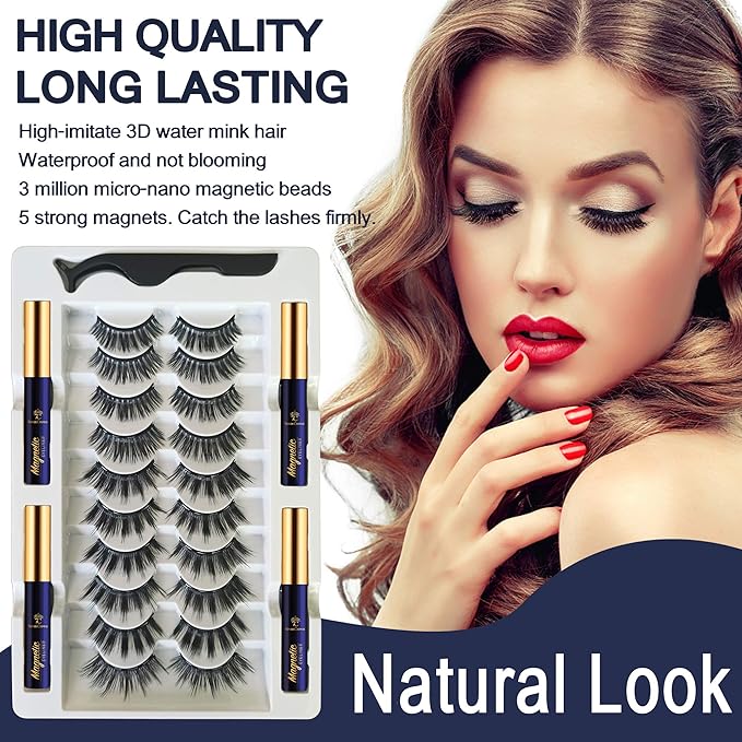 10 Pairs Magnetic Eyelashes Magnetic Lashes with Applicator.Upgraded 4 Tubes of Liner Waterproof, Long Lasting, 3D Natural Look,Reusable False Faux Lashes Easy to Apply.