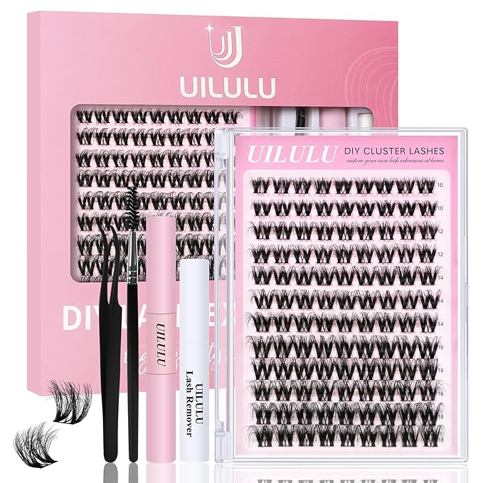 Lash Clusters Kit for DIY Lash Extension at Home, False Eyelashes Set with Bond Seal, Lash Remover, Brush, Tweezers, D Curl Wispy Individual Clusters Eye Lash Extensions Kit (U10 DIY Lash Kit)