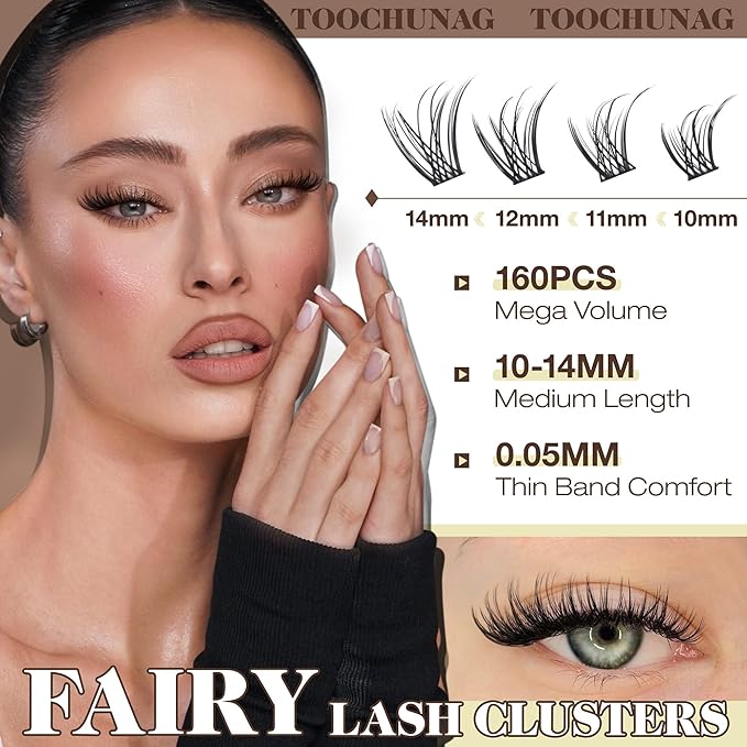 TOOCHUNAG Lash Clusters Wispy Fairy Eyelash Clusters 10-14mm 160pcs Natural Cluster Eyelash Extensions Curly Cluster Lashes Thin Band False Eyelashes Clusters DIY Individual Lash Extension