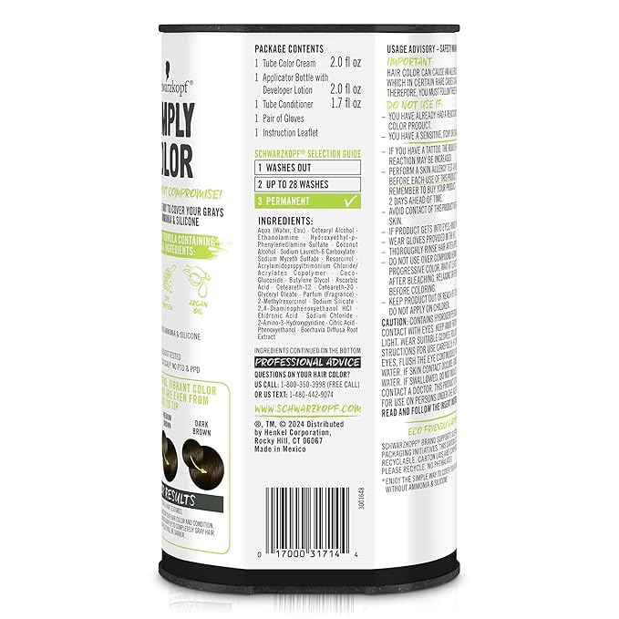 Schwarzkopf Simply Color Permanent Hair Dye, 3.0 Darkest Brown, Long-Lasting with Nourishing Ingredients, No Ammonia or Silicone, All Hair Types