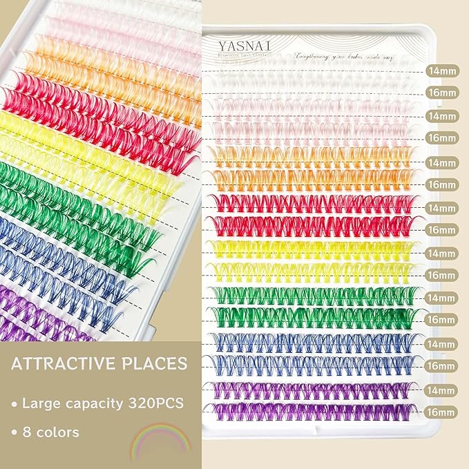 Colored Lash Clusters YASNAI DIY Colored Lash Extensions 320pcs Color Eyeash Extensions D Curl, 14/16mm Mix Lashes eye makeup, White Pink Orange Red Yellow Green Blue Purple