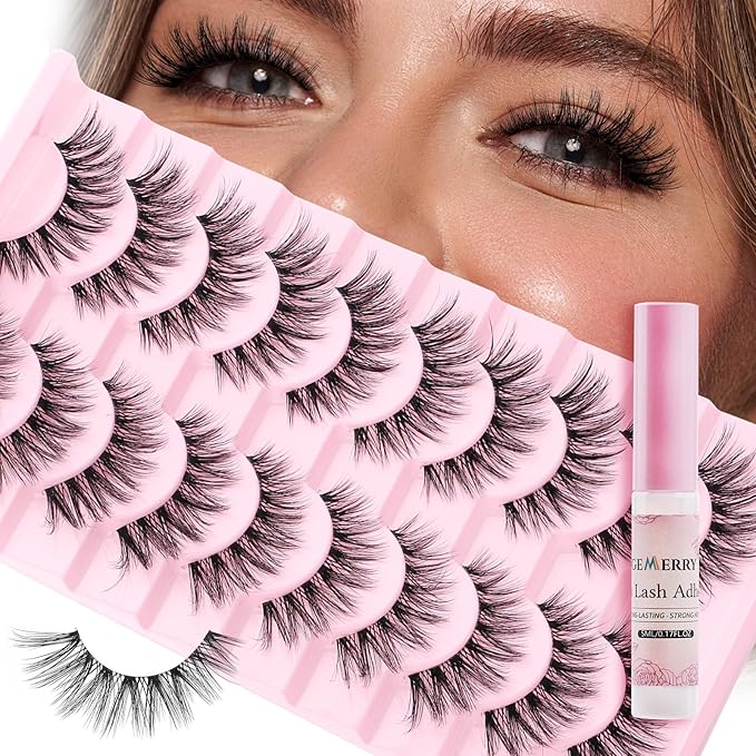 GEMERRY Fluffy False Eyelashes Kit with Strip Lash Glue, Mink Wispy 10 Pairs Fake Eyelashes, Soft & Comfortable Synthetic Fibers, Vegan