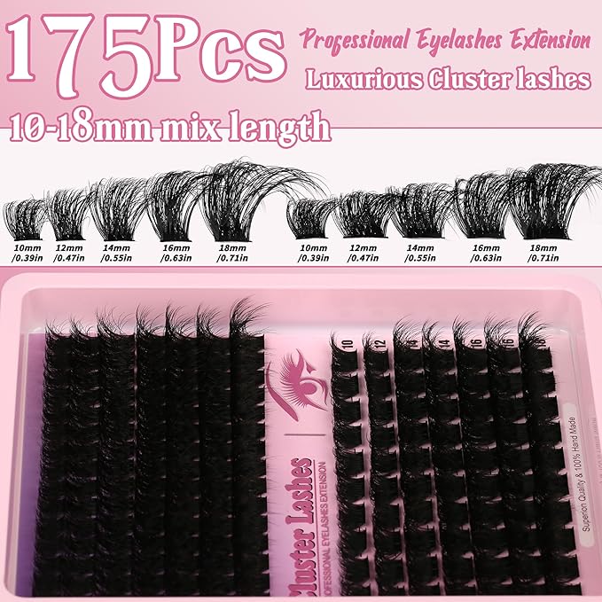 D Curl Lash Clusters Extensions 175 Pcs Individual Eye lash Clusters 150+200D Cluster Eyelash Lashes Wispy Clusters Lashes Makeup at Home - DIY Lash Extension Kit for Self Application
