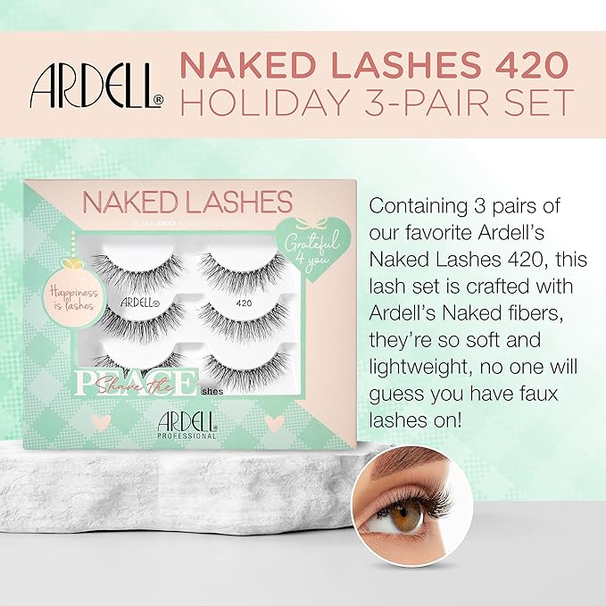 Ardell Naked Lashes 420 – Natural Look False Eyelashes with Bonus DUO Adhesive, Soft & Fluffy Wispy Lashes Strips, Holiday Gift Set, 3 Pairs