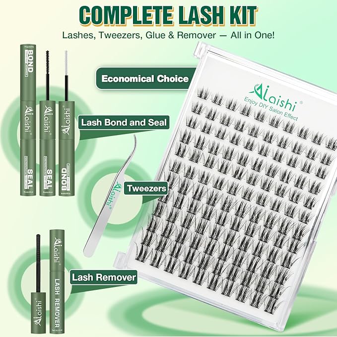 Lash Clusters Kit, DIY 3D Cluster Eyelash Extensions 10‑18mm,120pcs Fluffy D Curl Soft Natural Lashes with Bond and Seal,Remover,Tweezers,–Fake Cat Eye Wispy Individual Clusters MIX1-2-L