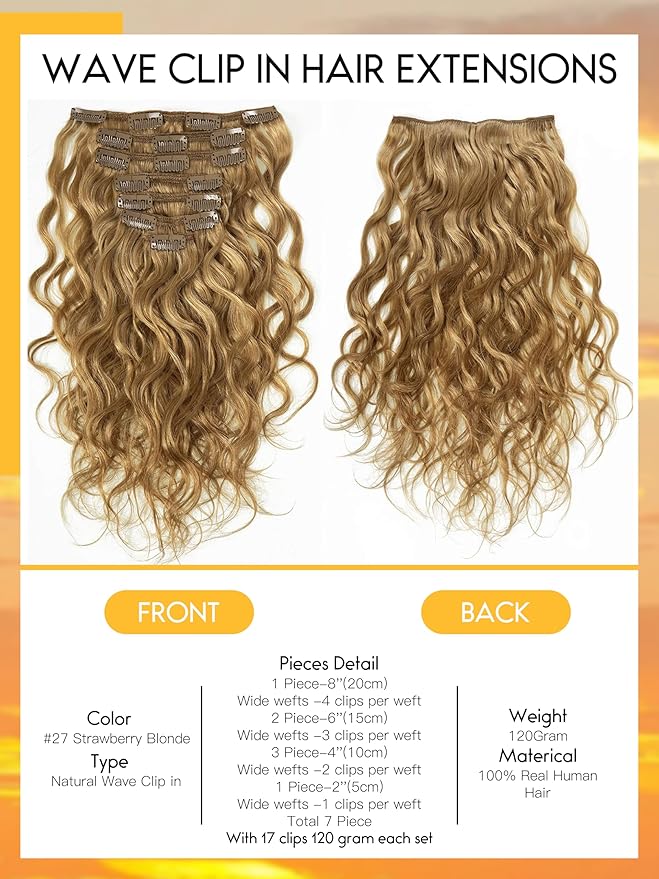 Caliee Natural Wave Curly Clip in Human Hair Extensions 14 Inch #27 Strawberry Blonde Color for Black Women Real Remy Human Hair Clip Ins Extensions 7pcs 17Clips 120g