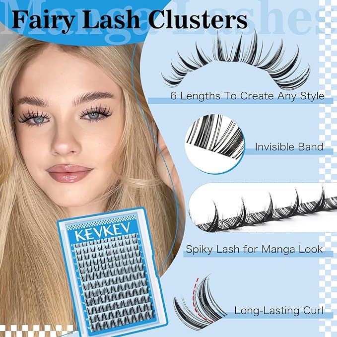 Manga Lash Clusters Kit 8-18mm Fairy Lash Clusters Invisible Band Spiky Lash Extension Kit Eyelash Clusters Kit With Lash Bond And Seal(Fairy07 Kit)