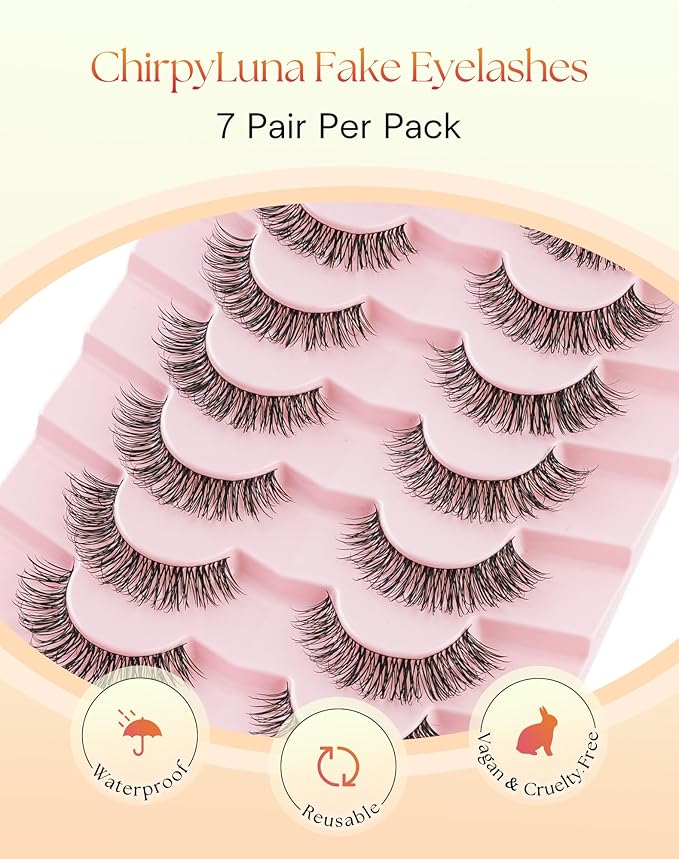 Natural Eyelashes 15MM False Lashes Natural Look C Curl Strip Lashes with 0.03MM Ultra Thin Band Fake Eyelashes ChirpyLuna Lash Pack, 7 Pair
