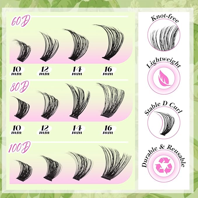 Cluster Eyelash Extensions Kit D-Curly Lash Clusters Kit 480Pcs Volume Lash Extensions DIY Eyelash Extensions for Beginners Mink Eyelash Clusters Lash Bond and Seal Kit (60D 80D 100D Mixed,10-16MM)