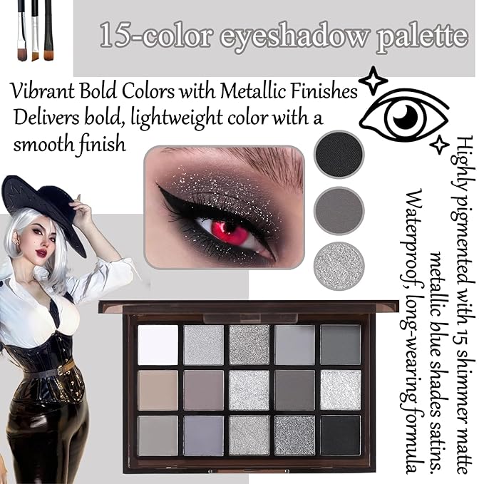 Black Grey Smoky Eyeshadow Palette,15 Colors Matte Shimmer Pigmented Eye Shadow Makeup Palette Set with 3 Eyeshadow Brushes,Glitter Eyeshadow Makeup Palette for Daily Halloween Goth Makeup(A)