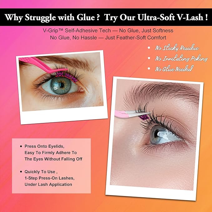 JoMay Self Adhesive Flat Lashes Clusters, Press On No Glue Needed Natural Look, Pre-Glued Eyelash Cluster Extensions, Stick On Lashes Easy Eyelashes For Beginners DIY 56PCS - D Curl Ultra Soft X5