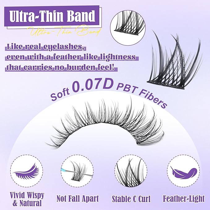 Wispy Lash Clusters Kit Natural Lash Extensions Kit DIY Cluster Eyelash Extensions C-Curly 8-16mm Individual Lashes Kit with Lash Remover Black Bond and Seal Soft Thin Band by ALICE