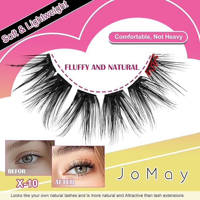 JoMay Self-Adhesive Eyelashes, Press on Lashes No Glue Needed, Glueless Pre-Glued D Curl Cluster Lashes for Beginners, No Residue, Pre-Separated L/R Eye, 1-Step DIY, 120PCS (X10)