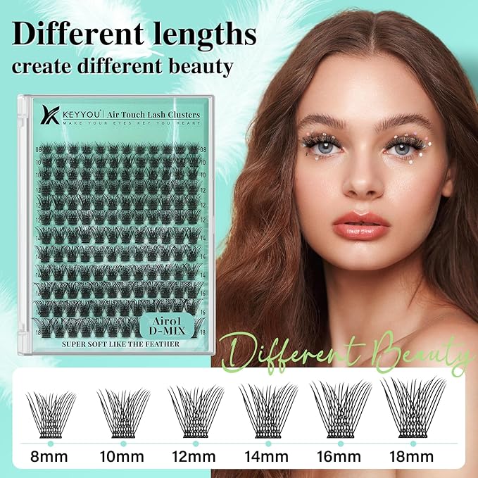 KEYYOU Lash Extension Kit 144pcs Air Touch Lash Clusters with Bond and Seal Lash Applicator Remover D Curl DIY Eyelash Extension Kit Easy to Apply at Home(Air01Kit-D-8-18Mix)