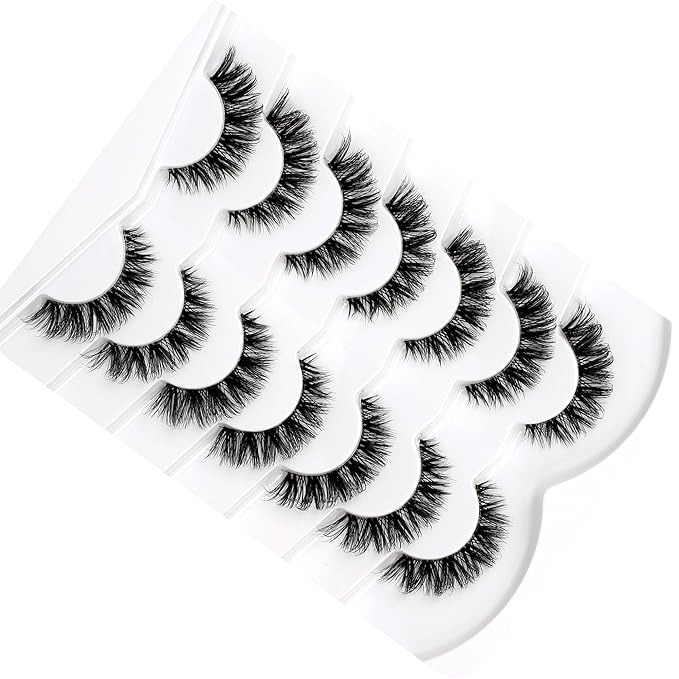 Pooplunch False Eyelashes Natural Clear-Band Cat Eye Look Extensions Volume Cluster Lash Wispy Short Fake Eyelashes Faux Mink Strip Lashes 7 Pairs Pack