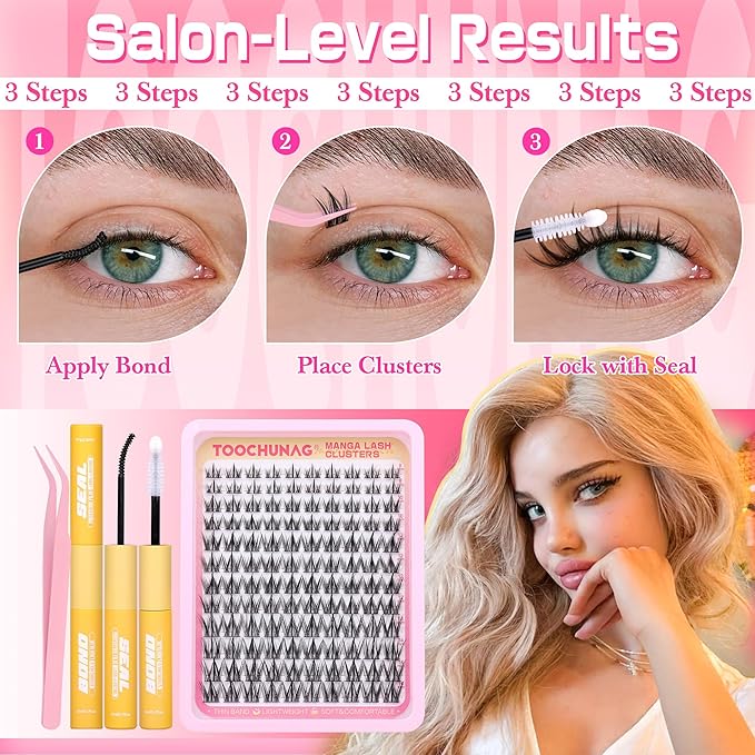 Manga Lash Clusters Kit 8-14mm Natural Eyelash Clusters DIY Lash Extension Kit Anime Lashes Clusters Thin Band Individual Cluster Eyelash Extensions with Lash Glue&Tweezers by TOOCHUNAG