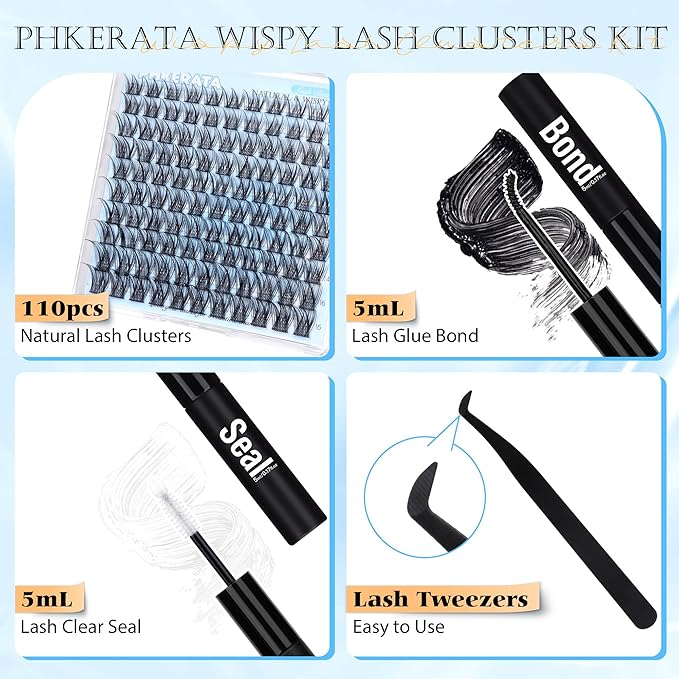 Natural Lash Clusters Kit Wispy Lash Extension Kit Cluster Eyelash Extensions Kit 110pcs DIY Eyelash Clusters at Home Individual Lashes with Lash Glue Bond and Seal and Tweezers, 10-16mm