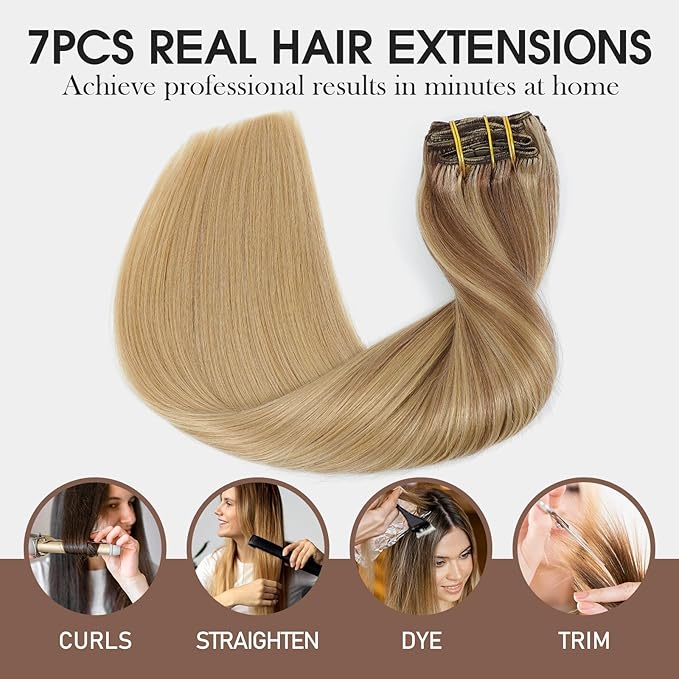 VINBAO Clip in Hair Extensions Human Hair Balayage Ash Blonde with Bleach Blonde Highlight Hair Extensions Clip in Human Hair Double Weft 160g 7 Pcs 20inch (#HC101616,20'')