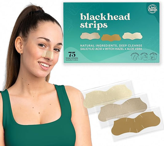 LivaClean (75 CT) Pore Strips w/Salicylic Acid, Witch Hazel & Aloe Vera - Blackhead Remover for Face Nose Pores Blackheads Removal - Blackhead Remover Strip