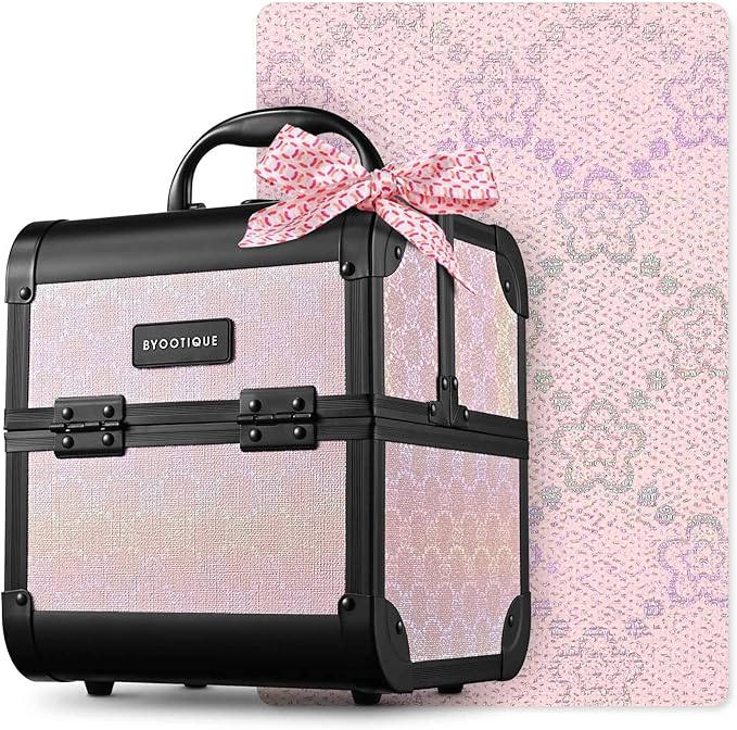 BYOOTIQUE Makeup Train Case with Mirror Small Travel Cosmetic Bag Cosmetology 2-Tier Trays Jewelry Organizer with Lock for Nail Tech Artist Beauty Salon Barbershop,Blush ForgetMeNot