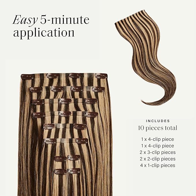 Luxy 100% Remy Human Hair - Seamless Clip-In Hair Extensions - Multi-Dimensional Color for Natural Blending, Adds Volume & Length 160 grams 16" Mocha Brown Highlights