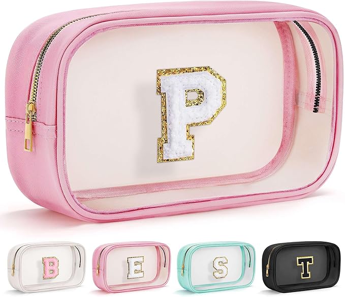 YOOLIFE Travel Toiletry Bag for Women, Pink Clear Makeup Bag Cute Make Up Bag for Women Cosmetic Bags Skin Care Makeup Bag Organizer Birthday Gifts for Women Teacher Mother Girlfriend Initial P