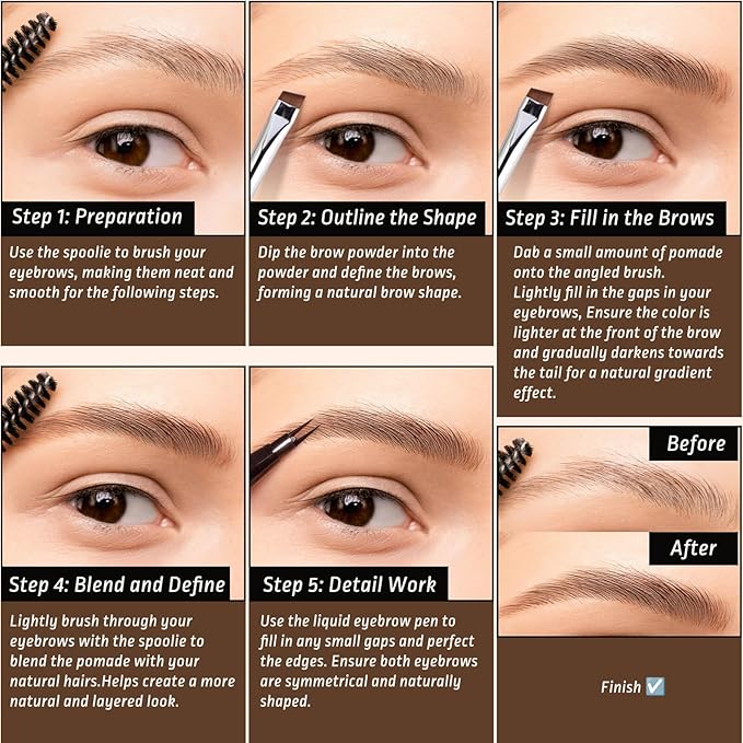 Eyebrow Pomade Stamp, Microblading 2 Tip Liquid Eyebrow Pen, Eye brow Kit with Angled Spoolie Brush and Pu Pouch for Travel (Black)