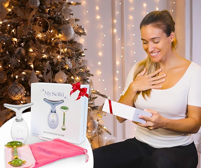 7 LED Light Beauty Tool – Face and Neck Massager with Jade Roller, Case, and Cloth (White)