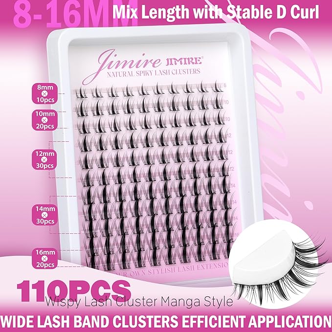 Fairy Lash Clusters Natural Look Manga Eyelash Clusters Wispy D-Curly Cluster Eyelash Extensions 110 Pcs 8-16MM Wispy Individual Lashes Wet-Look Lash Extension with Invisible Lash Band