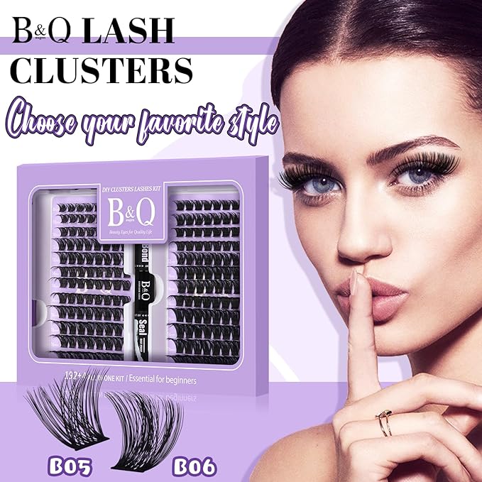 B&Qaugen Lash Extension Kit 192 PCS Eyelash Extension Kit D Curl Lash Clusters Kit Wispy Individual Lash Kit DIY Lash Extension Kit with Lash Glue and Remover Applications (B05+B06, Kit)
