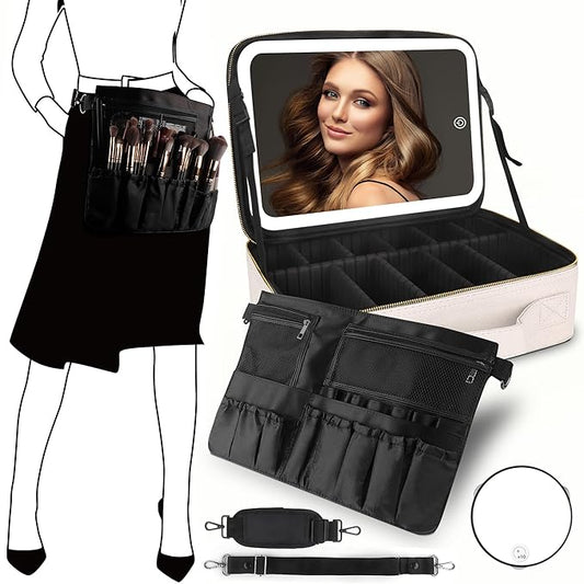 MOMIRA Travel Makeup Bag Cosmetic Bag Makeup Organizer Bag with Lighted Mirror, Adjustable Brightness in 3 Color Scenarios, Waterproof Makeup Train Case, Gift for Women - Khaki (Large)