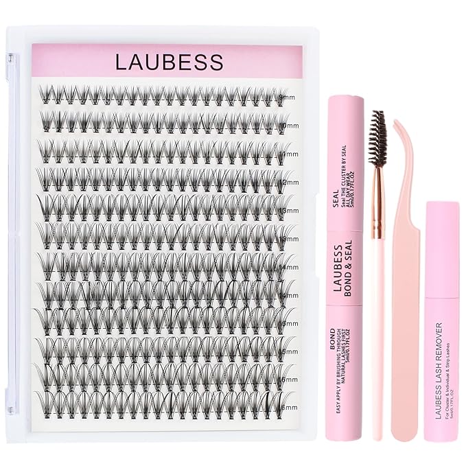Lash Extension Kit LAUBESS Lash Clusters Kit Cluster Eyelash Extensions Kit Eyelash Clusters Lash Bond and Seal Waterproof Tweezers Brush Lash Glue Remover (Kit 20D-D-Mix9-16)