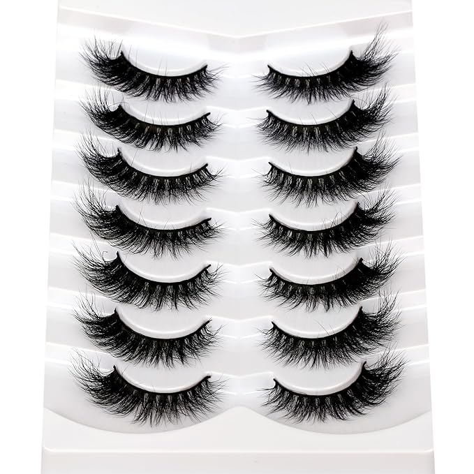Pooplunch Cat Eye Look Natural Extensions Volume False Eyelashes 16MM Wispy Fluttery Faux Mink Lash 8D Fake Eyelashes Strips 7 Pairs Pack