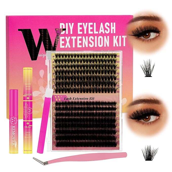 Eyelash Extension Kit 300Pcs 7090D DIY Individual Lashes Clusters With Bond, Seal, Remover, Applicator Tool for False Eyelash At Home (D-Mix10-18mm,20)