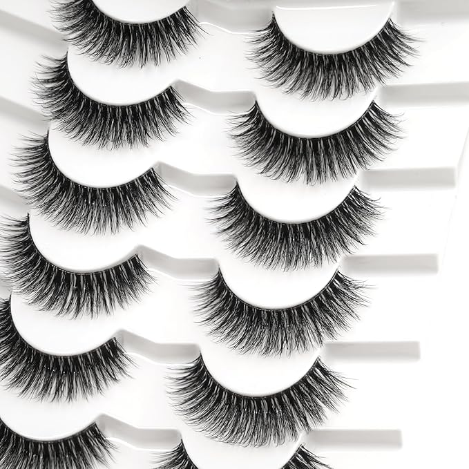 3D Clear Band Lashes 14mm Natural Soft Faux Mink Lashes C/D Curl Cat Eye Wispy Fake Eyelashes Short Cross Reusable False EyeLashes 7 Pairs (No.207)