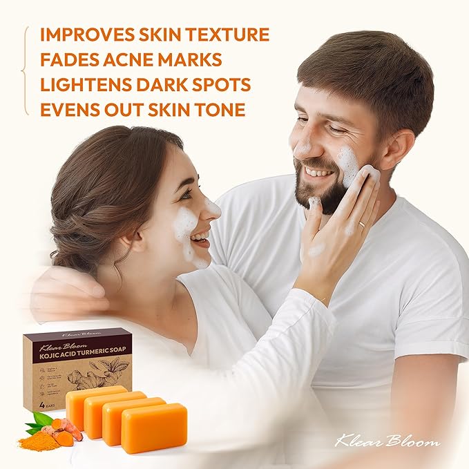 Kojic Acid Soap, Turmeric Soap Bar for Dark Spots Brightening & Moisturizing with Collagen, Vitamin E, Retinol, Hyaluronic Acid, Shea Butter, Paraben & Sulfate-Free 105g x4 Bars With Holder