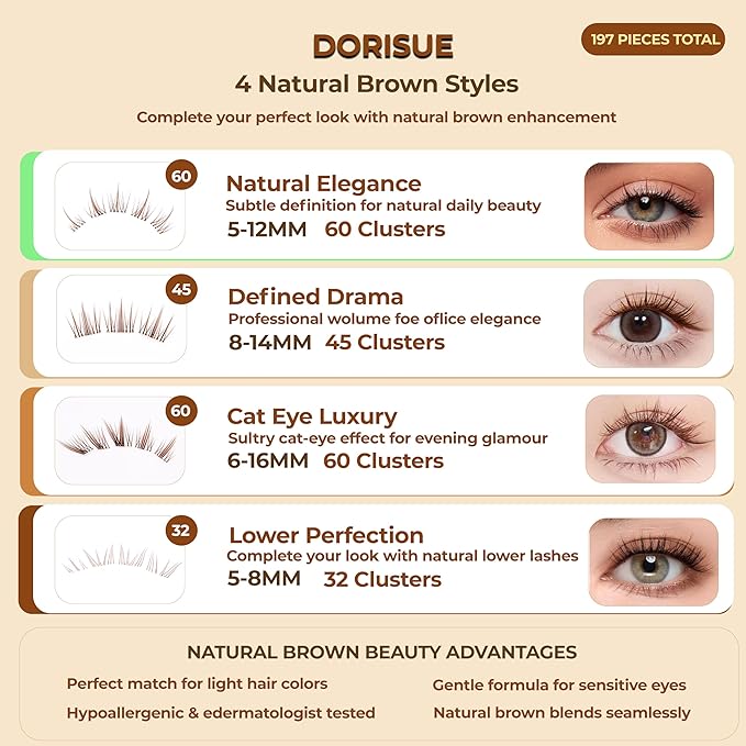 Brown Lash Clusters Pre Glued 197PCS Light Hair Individual Eyelashes No Glue Needed 3 Upper Style +1 Lower Styles Natural False Lashes Kit Tweezers
