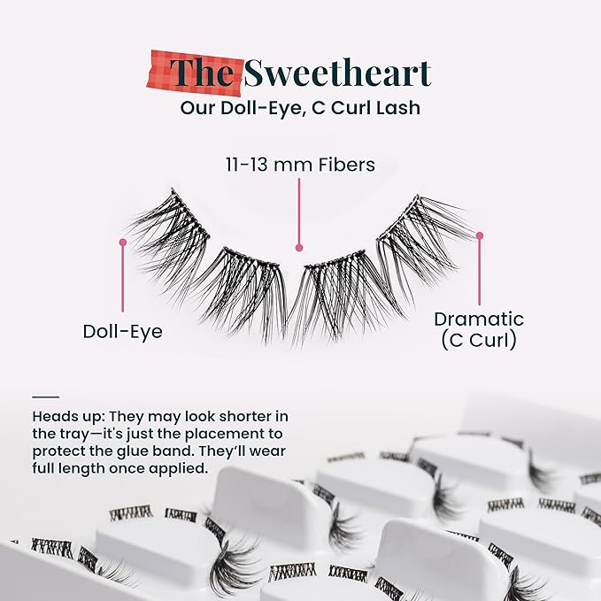 FlutterHabit STICKtionary Sweetheart Self Adhesive Eyelashes Kit, Pre Glued Underlash Strips for Beginners, No Glue Lash Extensions, Lightweight Reusable Clusters for Natural Look at Home (5 Pairs)
