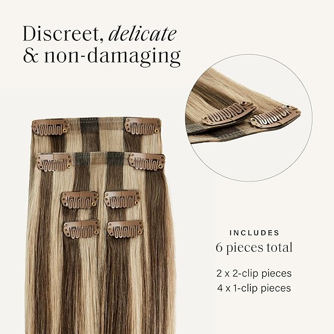 Luxy 100% Remy Human Hair Extensions for Thin Hair Thinning Hair Fill-Ins – 6 Seamless Wefts Multi-Dimensional Color Blend - Natural-Looking Volume & Coverage 95 grams 20" Ash Brown Highlights