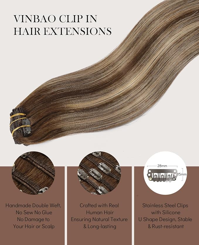 VINBAO Clip in Hair Extensions Human Remy Hair Balayage Chocolate Brown to Caramel Blonde Hair Extensions Clip in Human Hair 20 Inch 6pcs 120g Double Drawn (#4/27/4,20'')