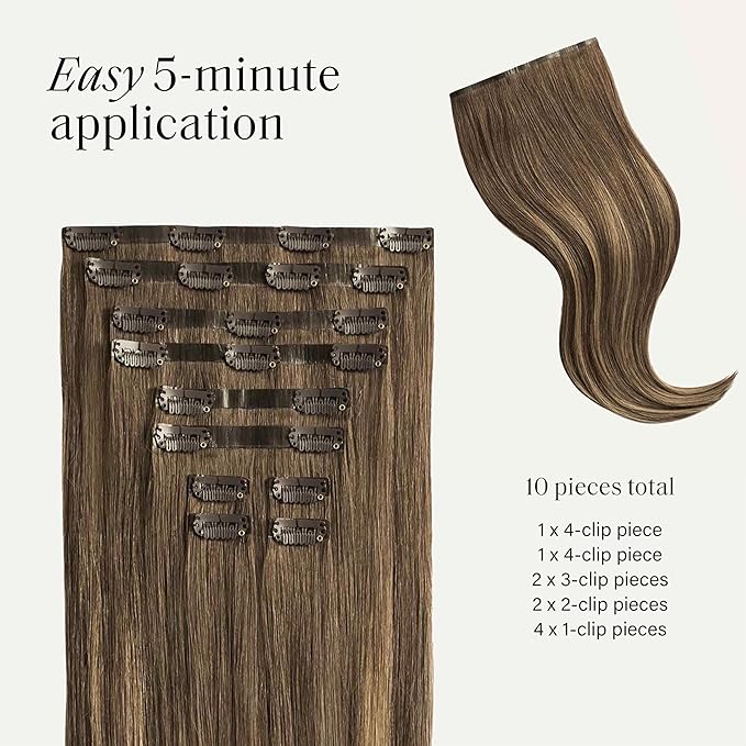 Luxy 100% Remy Human Hair - Seamless Clip-In Hair Extensions - Multi-Dimensional Color for Natural Blending, Adds Volume & Length 50 grams 12" Ash Brown Balayage