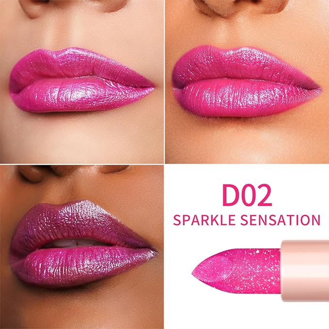 Oulac Pink Shimmer Lipstick for Women, Infinity High Shine Finish, Hydrating Lip Color Infused with Damask Rose Oil for All-Day Comfort, Gluten-Free Vegan Beauty, D02 Sparkle Sensation