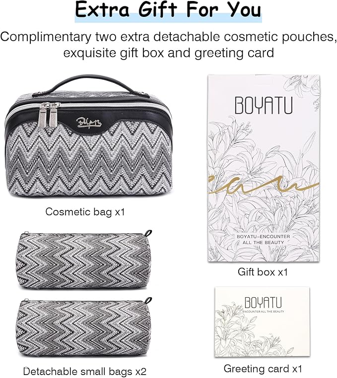 BOYATU Travel Makeup Bag for Women: Western Boho Make up Bag Set of 3 - Large Capacity Vegan Leather Cosmetic Bag - Waterproof Toiletry Bag with Compartments & Handle & Divider(J-3-Black)