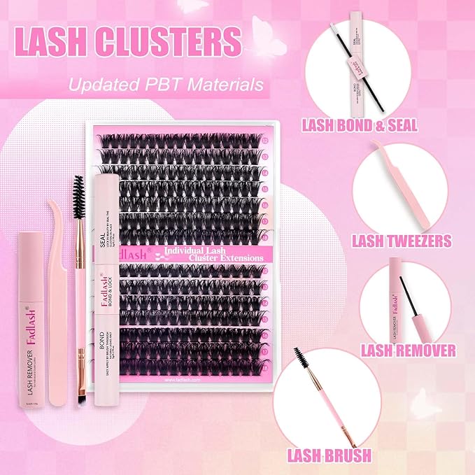 FADLASH DIY Lash Extension Kit Individual Lashes Cluster D Curl Eyelash Extension Kit D Curl Lash Clusters Lash Applicator Tool for Self Application at Home(KIT 80D+100D-D-12-18mm)