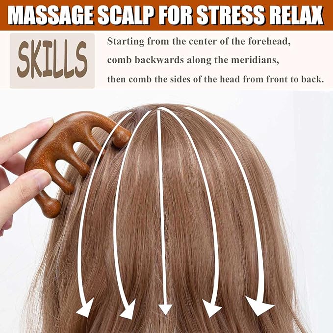 Wooden Comb, Wooden Scalp Massager, Massage Comb for Scalp Gua sha, Head Massager - Sandalwood