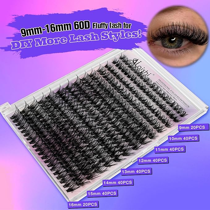 Lash Clusters, DIY Cluster Eyelash Extensions 9‑16mm, 60D, 280pcs Fluffy D Curl Natural Lashes–Fake Cat Eye Wispy Individual Clusters