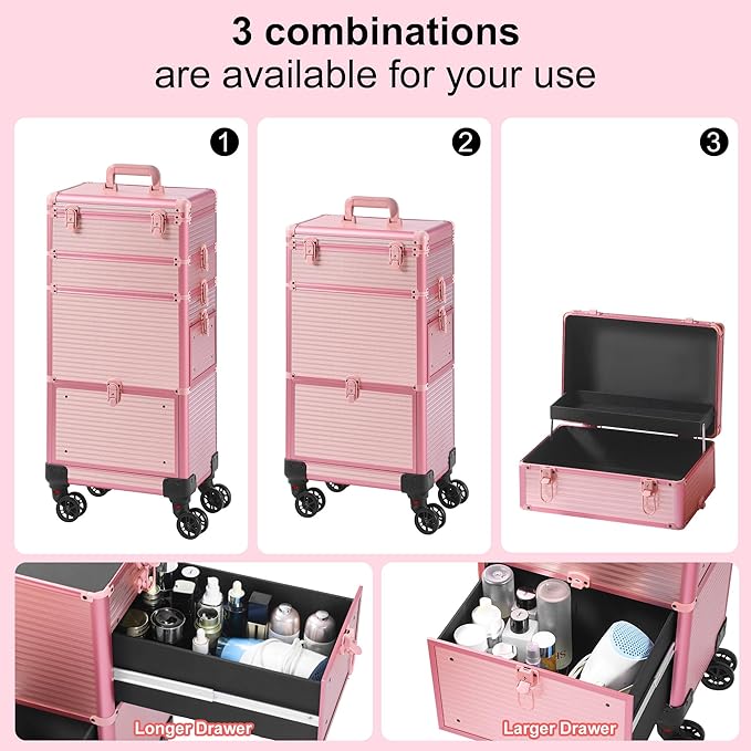 Makeup Train Case with Drawer, Rolling Makeup Case, Cosmetology Case on Wheels, Gift, Travel Makeup Organizers, Profesional Cosmetic Case for Salon Barber,Nail, Tattoo, Pink