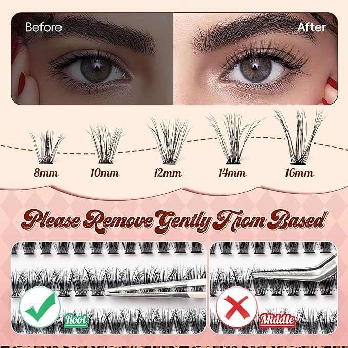 Lash Clusters 0.05mm PBT Fiber Eyelash Clusters, 0.3mm Superfine Soft Band C Curl Diy Lash Extension, 160pcs 8-16mm Individual Lashes Clusters Like Eyelash Extensions (40P-C-8-16Mix)
